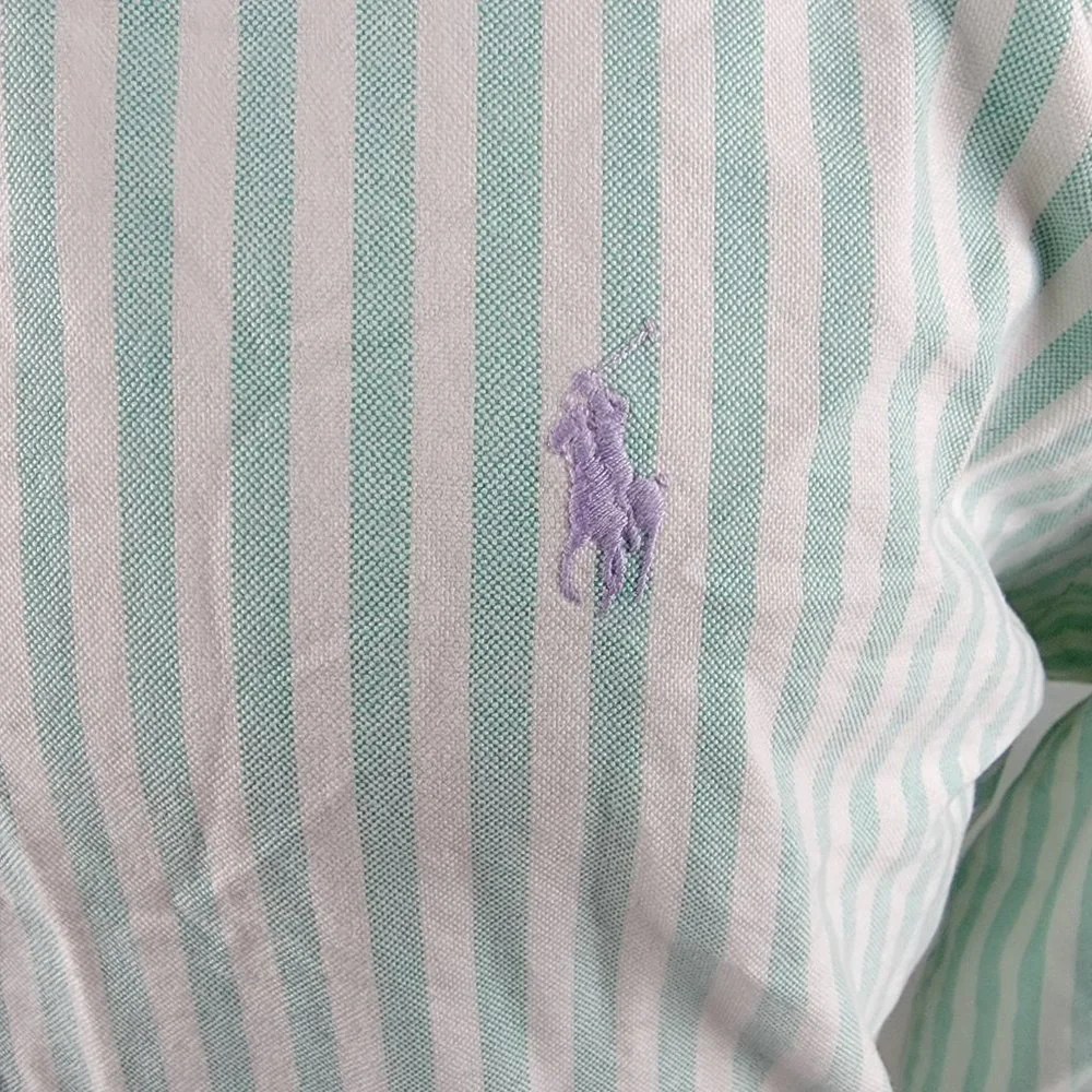Ralph Lauren Men's Light Green and White Striped Button-Down Shirt